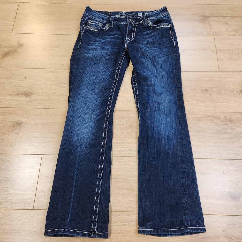Miss Me Easy Boot Jeans Womens 29 Dark Wash Blue Mid Rise Bootcut Rhinestone